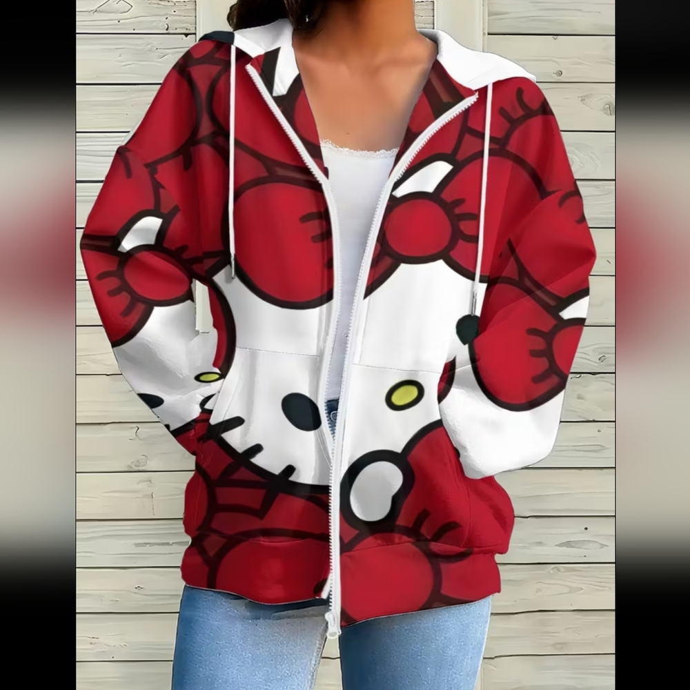 Hello Kitty Black & White Graphic Zip-Up Hoodie Jacket